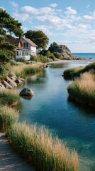Serene Coastal Meadow With A White House And Blue Water Under A Bright Summer Sky