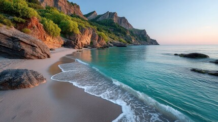 Serene Coastal Landscape at Twilight Soft Waves Gently Brush a Sandy Beach Reflecting the Warm Sky and Rugged Cliffs Above in Clear Turquoise Water