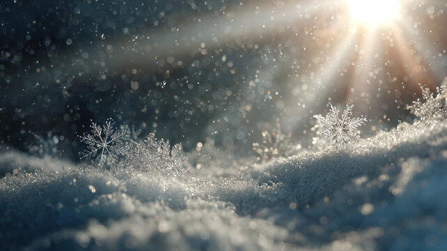 Flying Snow Crystals And Snowflakes Illuminated By Bright Sunlight With Lens Flare Winter Scene Atmosphere