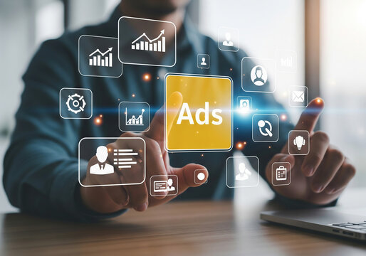 Man interacting with digital advertising and marketing analytics interface