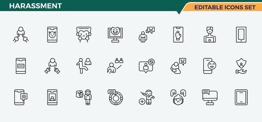 Harassment linear icon set. Pictograms of offend, abuse, sex, man, sexual, bullying, molest and more. Bullying vector line icon set. Minimal icons collection. Vector collections.