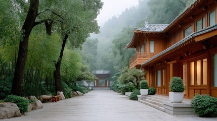 Serene East Asian Wooden Temple Building Nestled Amongst Lush Green Bamboo Trees and Verdant Forest on a Misty Morning with Soft Natural Light illuminating the Architecture