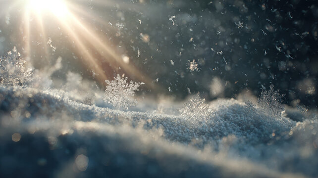 Flying Snow Crystals And Snowflakes Illuminated By Bright Sunlight With Lens Flare Winter Scene Atmosphere - Powered by Adobe