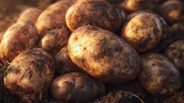 Agriculture: close up view of fresh organic potatoes in a garden harvest