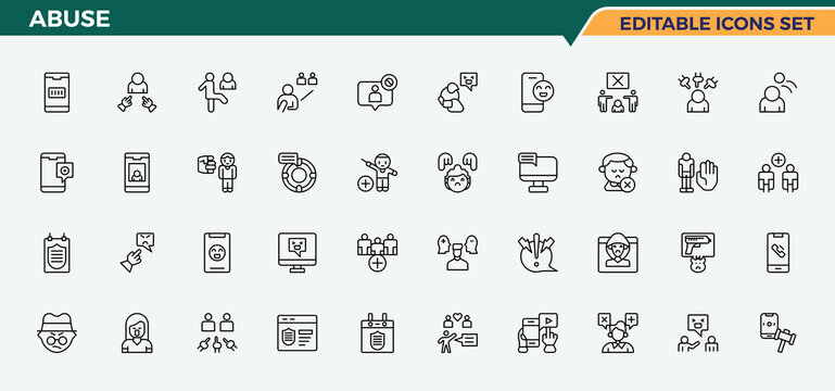 Abuse icon set in linear style. Contain linear sign sexual, offend, sex, hate, harassment, crime. Bullying linear icon set. Outline icons in linear style. Editable vector stroke.