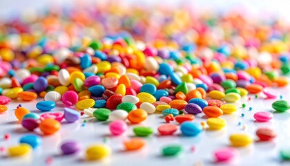 Glossy round candies in bright colors scattered on white surface, speckled texture, playful and vibrant composition.