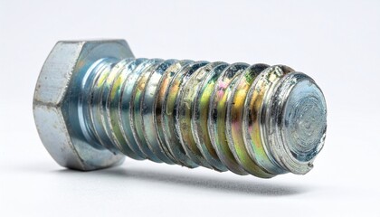 Seven assorted screws upright on white background, one leaning diagonally, varied head shapes and metallic tones.