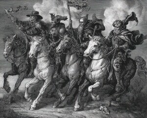 Apocalypse Horsemen. Four Horsemen of the Bible in Engraving Style