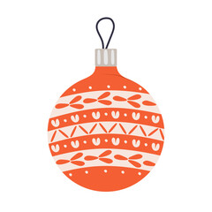 Christmas bauble, ornament. Decorative Xmas tree ball in vintage retro style. Holiday accessory with pattern. Festive adornment isolated. New year celebration element. Colored flat vector illustration