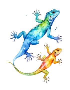 Colorful watercolor illustration of two climbing lizards against white