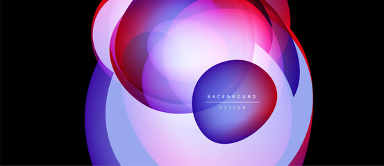 Abstract vibrant design. Overlapping circles create flowing shapes, purple, blue, pink hues dominate composition. Modern aesthetic.