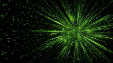 Fototapeta premium Luminous green energy bursts outward from a central point against black.