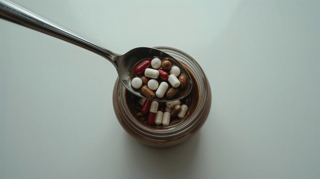 Closeup of a spoon holding colorful pills above a glass jar filled with assorted capsules and tablets