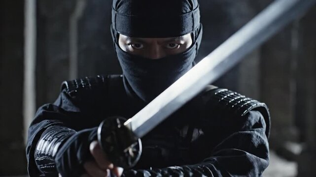 A person in black attire holding a sword with selective focus and smoke in the background