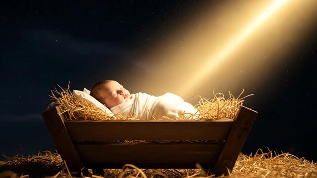 The newborn baby Jesus sleeps peacefully in a humble wooden manger filled with straw illuminated by a divine beam of light representing the holy Christmas nativity birth