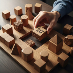 Fototapeta na wymiar Hand Placing 'Future Plan' Block in Strategic Wooden Puzzle