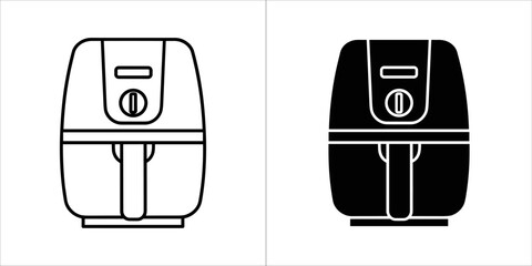 Set of two icons representing an air fryer, one in outline and one in solid black
