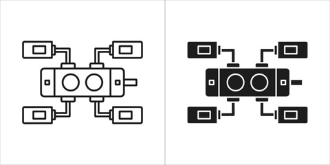 Two icons of a hub with multiple ports, one outline and one filled