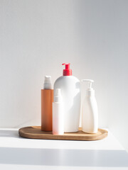 Minimal Skincare Products on Wooden Tray – Natural Beauty Concept