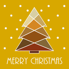 Merry Christmas greeting card on a yellow gold background. Multicolored graphic Christmas tree. Hand-drawn illustration.