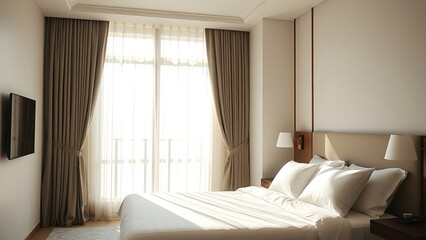 Serene hotel bedroom bathed in morning light, featuring minimalist decor and a neatly made bed.