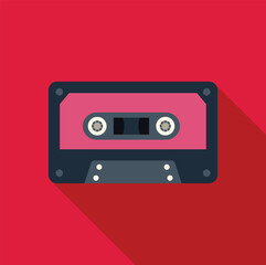 Pink audio cassette tape lying on a vibrant red background, evoking feelings of nostalgia for retro music and vintage technology