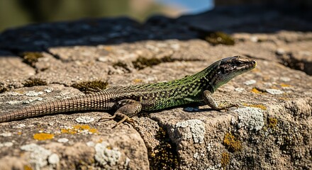 Obraz premium Lizard basking on sunlit stone wall, detailed nature scene.