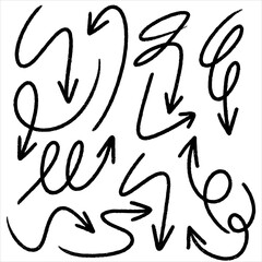 Collection of hand-drawn arrows in doodle style. Sketchy black vector arrows for notes, highlights, and infographic elements.