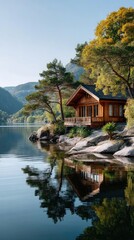Obraz premium Serene Lakeside Wooden Boathouse Nestled Among Lush Green Trees Reflecting on Calm Blue Water Under Bright Sunlight