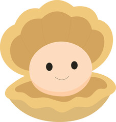 Cute cartoon clam with smiling pearl vector illustration. Adorable sea animal character for kids and marine theme.
