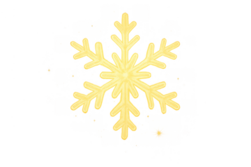 Glowing yellow stylized snowflake icon symbol representing winter, cold weather, christmas, and frost on transparent background
