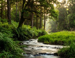 Fototapeta premium Tranquil scene of a flowing stream within a lush green forest