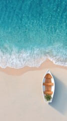Serene Sandy Beach Shoreline With Gentle Waves and a White Rowboat Resting on Warm Sand Under Bright Sunlight