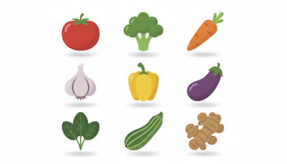 Fototapeta premium Vibrant garden harvest of fresh vegetables for healthy eating and lifestyle promotions, featuring tomato, broccoli, carrot, garlic, pepper, eggplant, spinach, zucchini, ginger