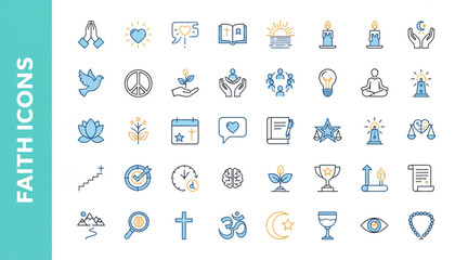 Spiritual journey icons for inner peace and mindful living, embrace faith, religion, and hope with these vector symbols of belief and inspiration
