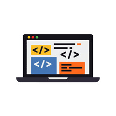 Flat vector icon of a laptop computer with programming code on the screen, representing web development, software engineering, and front-end coding