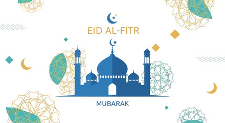 Blue Mosque Silhouette with Crescent Moon for Eid AlFitr Celebration.