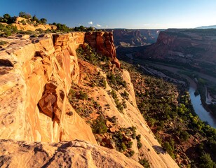 Sunny landscape showcasing a vast canyon and river below