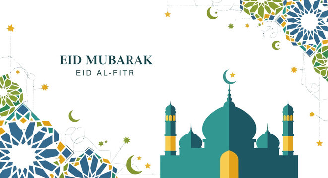 Eid Mubarak Illustration with Teal Mosque Silhouette Geometric Patterns and Crescent Moons. - Powered by Adobe
