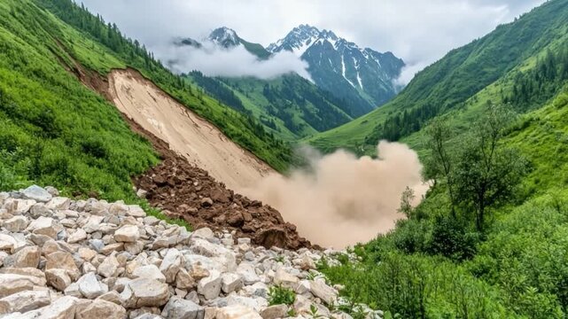 Natural landslide in mountainous terrain with lush green hills and rocky foreground during daytime under cloudy sky