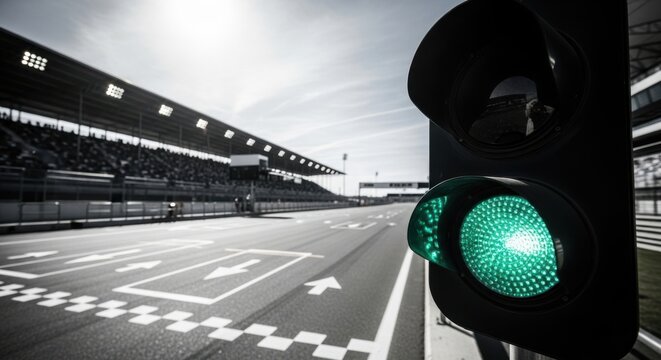 Race start green light illuminated at empty speedway stadium with track markings