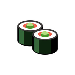 Isometric vector illustration of two japanese maki sushi rolls, showing nori, rice, and colorful filling, representing traditional asian cuisine and restaurant meals, clean design element