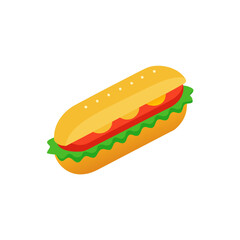 Classic american hot dog isometric flat design icon illustration featuring a grilled sausage in a soft sliced bun, topped with yellow mustard and red ketchup condiments and green lettuce