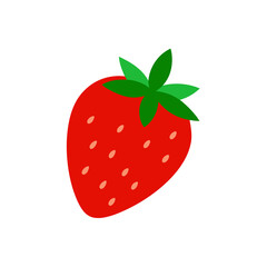 A simplified flat vector illustration of a vibrant red strawberry fruit with green leaves, representing summer healthy eating, sweet desserts, and organic produce icon.