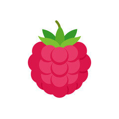 A vibrant digital illustration of a single ripe pink raspberry fruit with green leaves and stem, representing summer freshness and healthy eating. this stylized flat design vector icon.