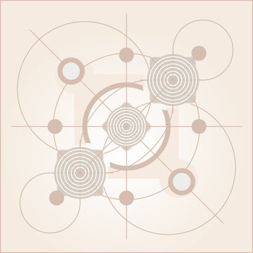 Abstract geometric composition with circles, arrows, and connecting lines. Soft beige color palette and symmetrical layout create a modern, minimalist, and futuristic design suitable for backgrounds a