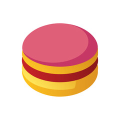 A digitally rendered isometric illustration of a sweet french macaron cookie with pink, yellow, and red layers, representing gourmet confectionery and dessert snacks.