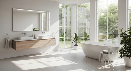 Bright bathroom with large windows and modern fixtures, plants, and a bathtub.