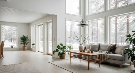 Fototapeta premium Bright living room with large windows overlooking a snowy landscape, featuring a sofa, coffee table, and potted plants.