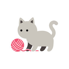 Fototapeta premium Cute gray kitten playing with a pink ball of yarn, a simple flat minimal 2D vector icon illustration isolated on a white background